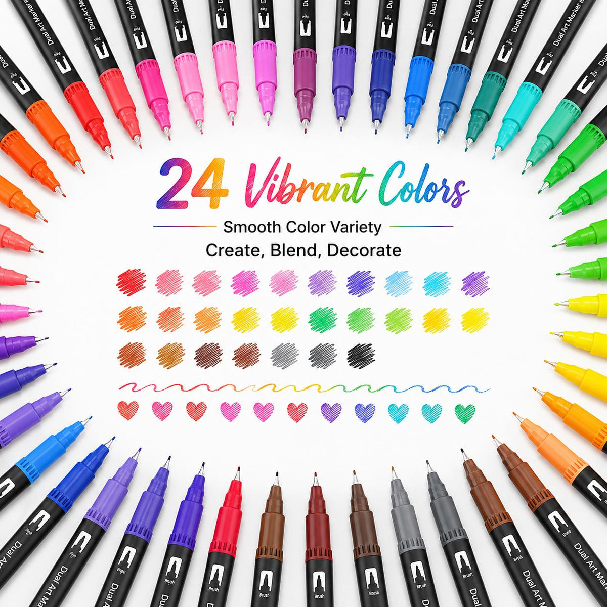 24 Pack Double Tip Coloring Drawing Pens, Rich Vivid Colors, No Smudging, Ideal for Journal DIY& Illustration Decoration Creation