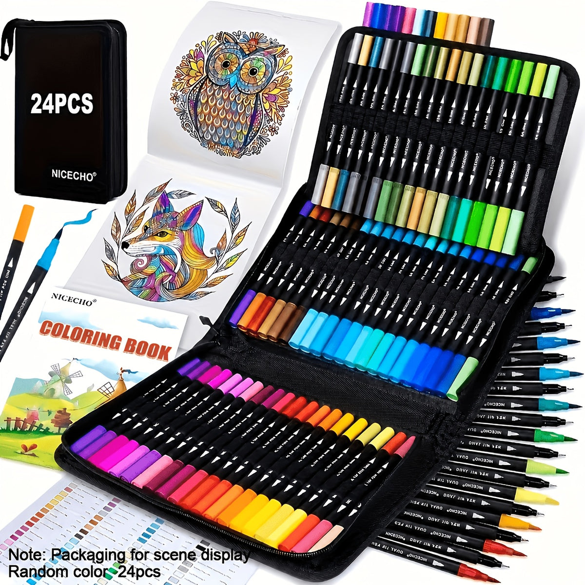 24 Pack Double Tip Coloring Drawing Pens, Rich Vivid Colors, No Smudging, Ideal for Journal DIY& Illustration Decoration Creation