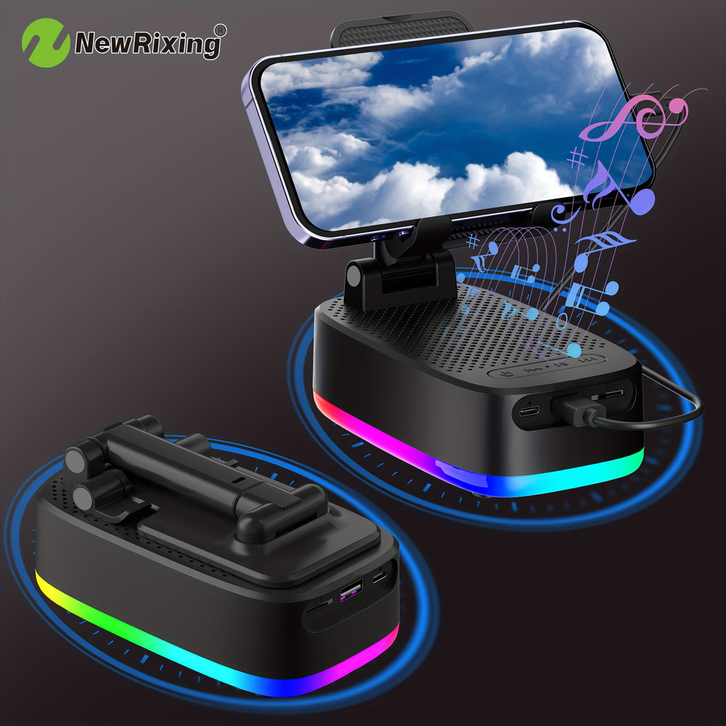 NewRixing 6W Wireless Speakers with Phone Holder, Dual Pairing, 1800mAh Battery, Emergency Mobile Power Bank, 6 Hour Playtime, HiFi Sound Quality, Loud Stereo and Booming Bass, USB Charging, Equipped with RGB Lights, Compact Design for Phone