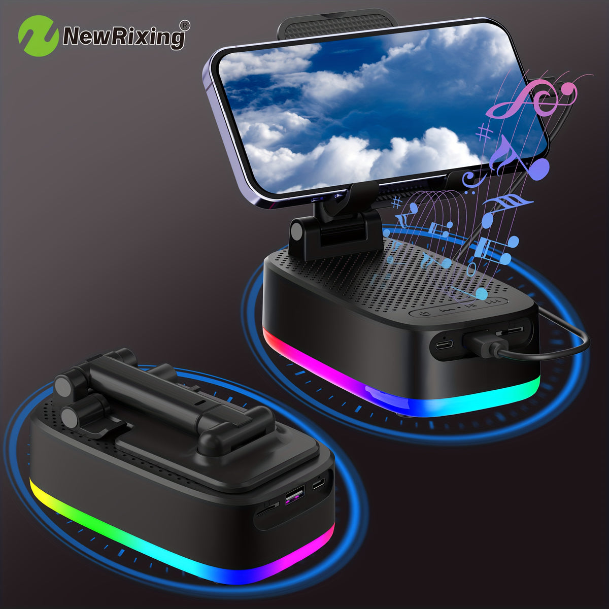 NewRixing 6W Wireless Speakers with Phone Holder, Dual Pairing, 1800mAh Battery, Emergency Mobile Power Bank, 6 Hour Playtime, HiFi Sound Quality, Loud Stereo and Booming Bass, USB Charging, Equipped with RGB Lights, Compact Design for Phone