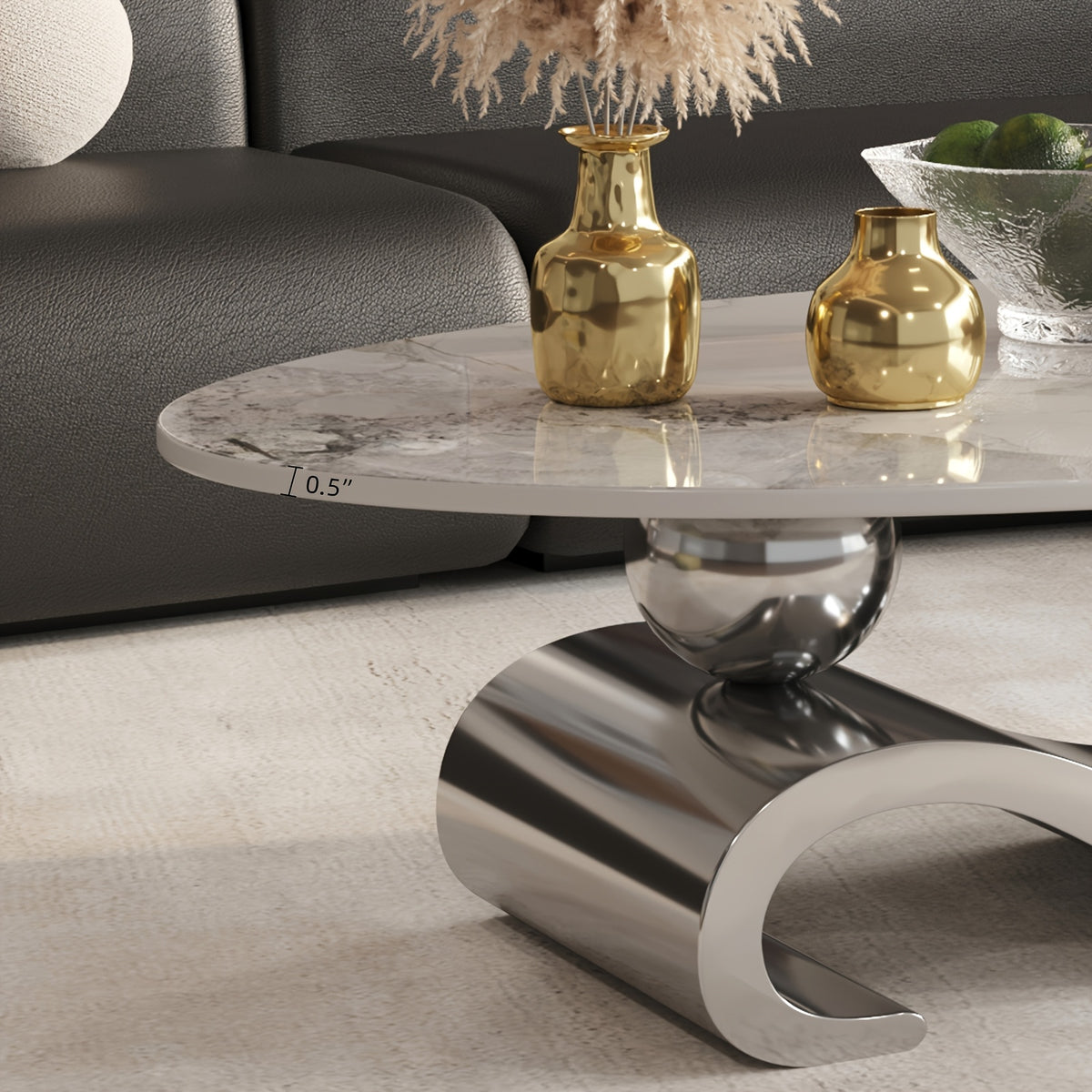 Luxury White Oval Coffee Table with Musical Note Base - Modern Metal Accent Table, Non-Wood Design, Easy Assembly, Sleek Curved Lines & Piano Key-Inspired Legs for Living Room, Office, Apartment - Minimalist Furniture
