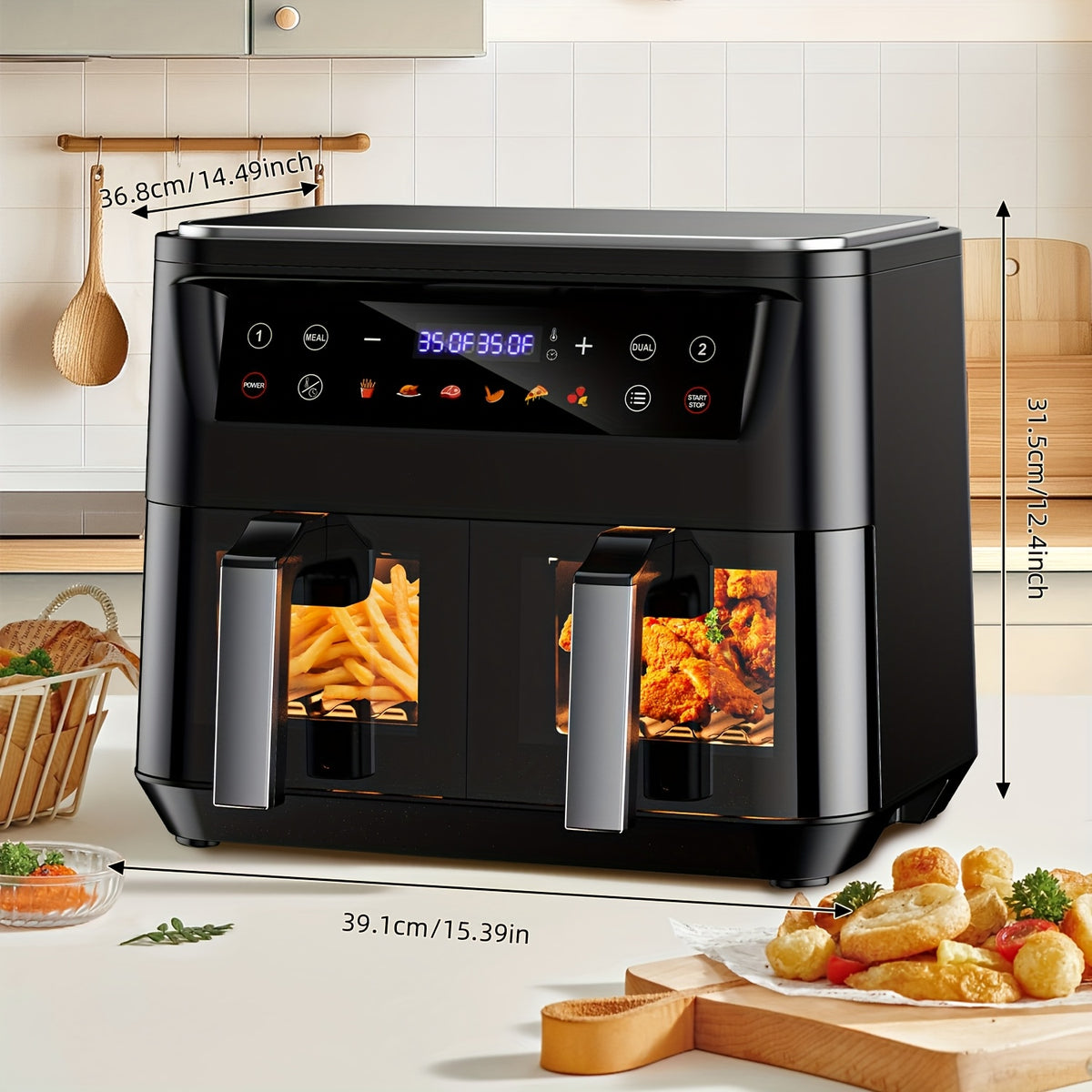 10Qt 10-in-1 Dual Head Air Fryer, for Fresh and Balanced Meals for Families and Children, with Dual-layer Cooking Baskets, Enabling Simultaneous Cooking and Completing Baking, Roasting, Heating, and Searing for Effortless Cooking, Dishwasher Safe