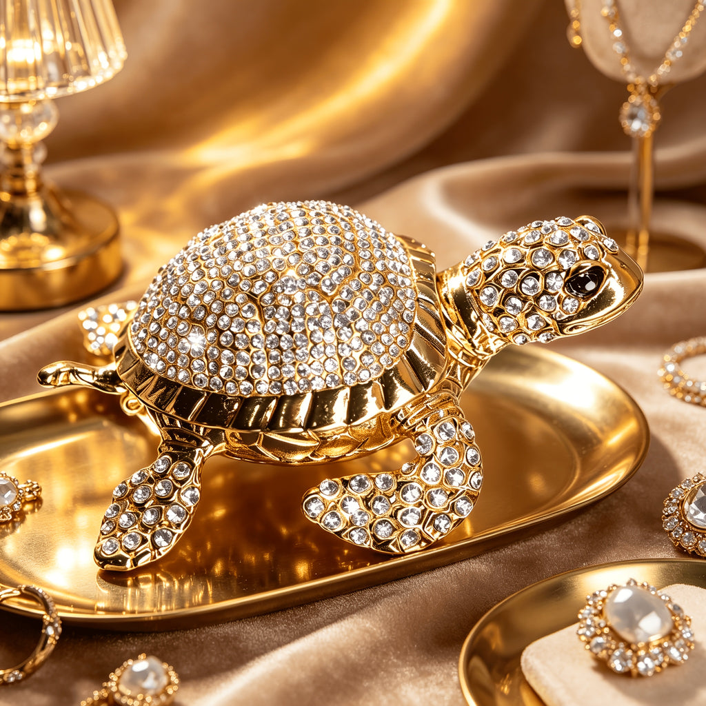 Gold-Plated Crystal Turtle Trinket Box, Sparkling Rhinestone Encrusted Tortoise Jewelry Organizer, Hinged Collectible Figurine, Home Decor Ornament, Gift for Women, Jewelry Boxes