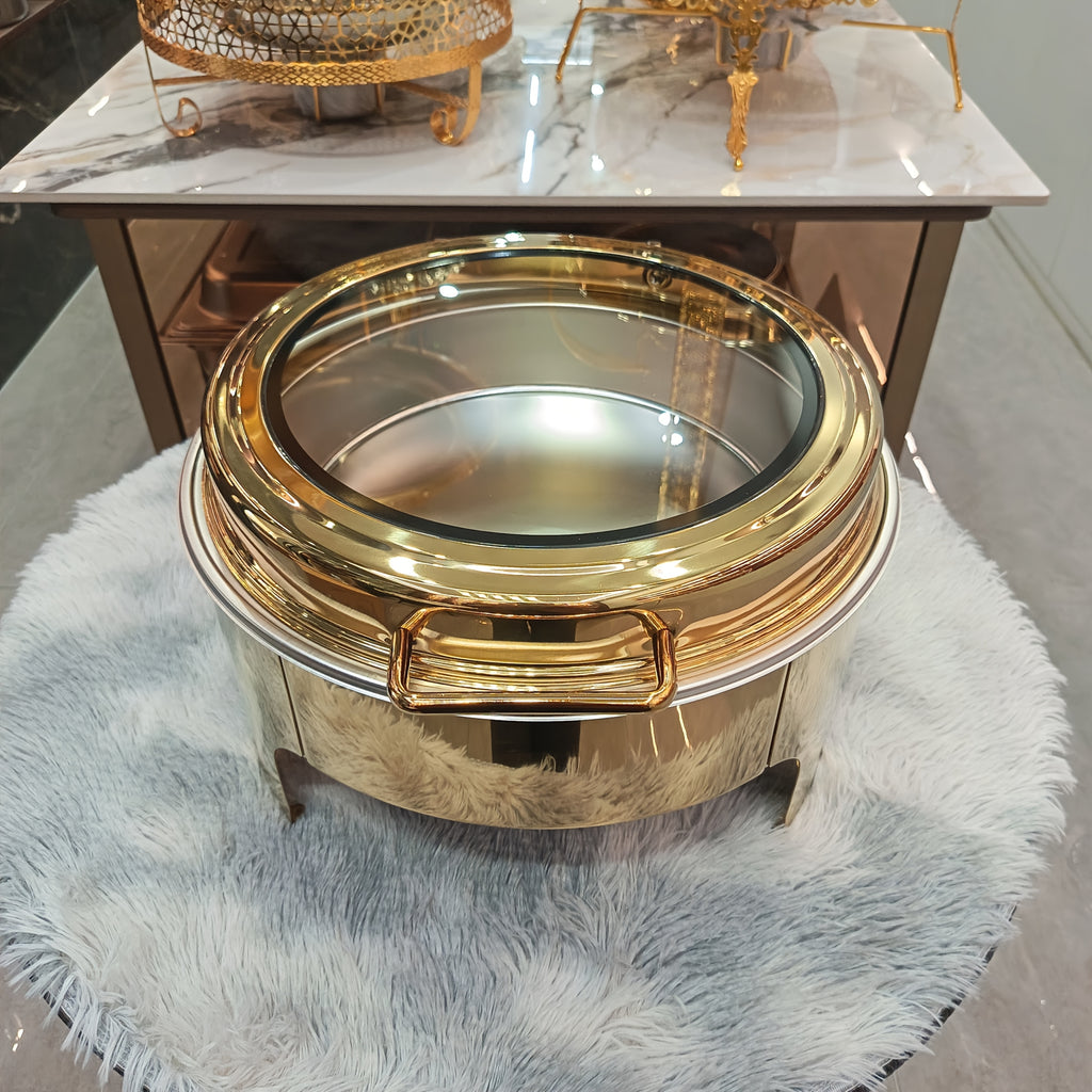 Golden Round Stainless Steel Chafing Dish Buffet Set with Glass Lid, Elegant, Safe and Durable Food Warmer for Catering, Parties, and Family Gatherings, Large Capacity Buffet Server for Party Food Warming, Only for Food Heating