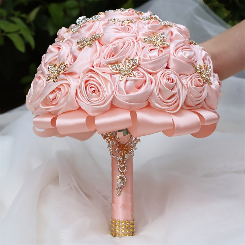 8.66inch Light Blood Teeth Satin Wedding Bouquet, Large New Bridal Bouquet Suitable for Church Hand-holding and Home Decoration