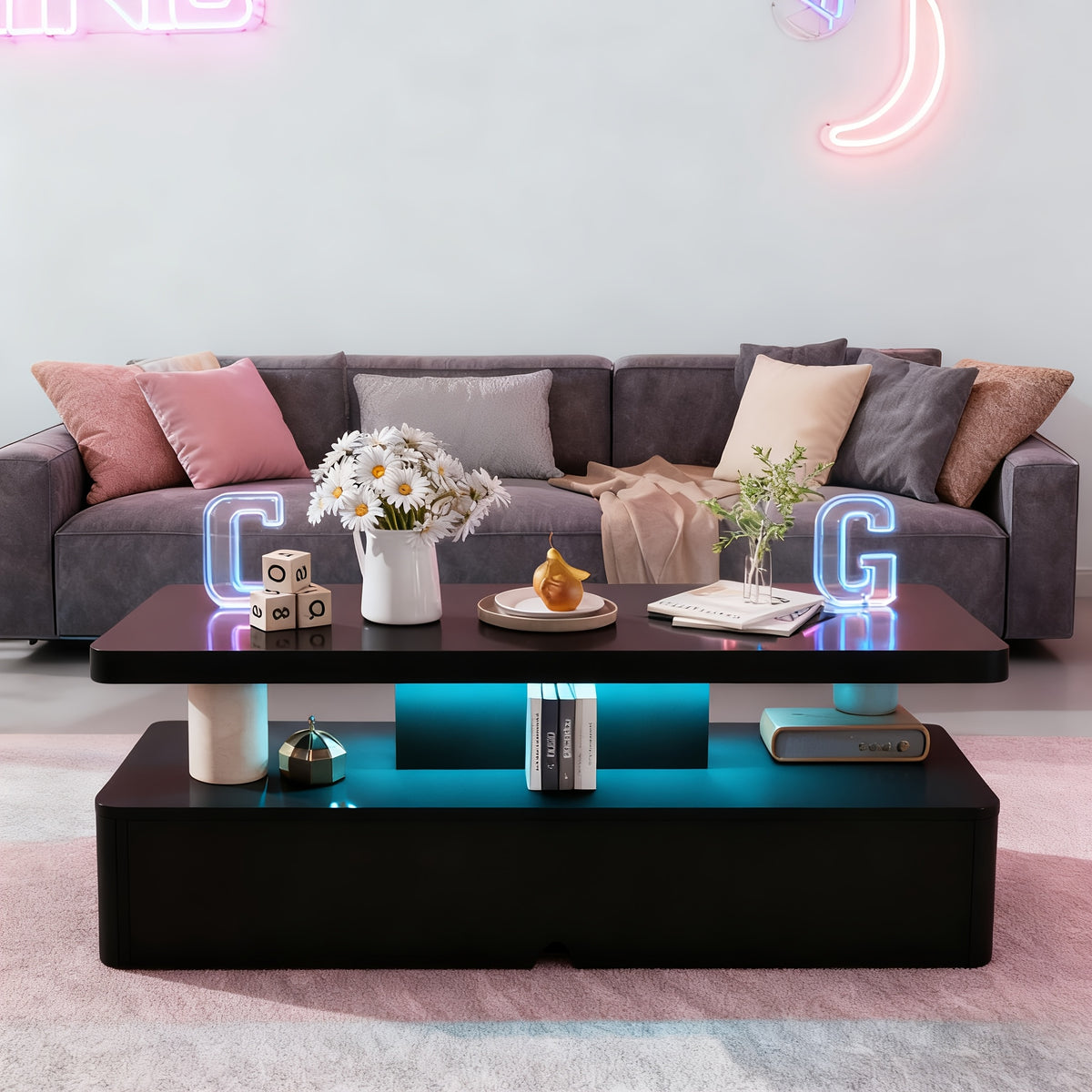 Black 40-Inch Modern LED Coffee Table, Living Room Table with 16-Color LED Lights, Double-Layer Design, Stylish for Living Room, Home, Office, Suitable As A Holiday Gift