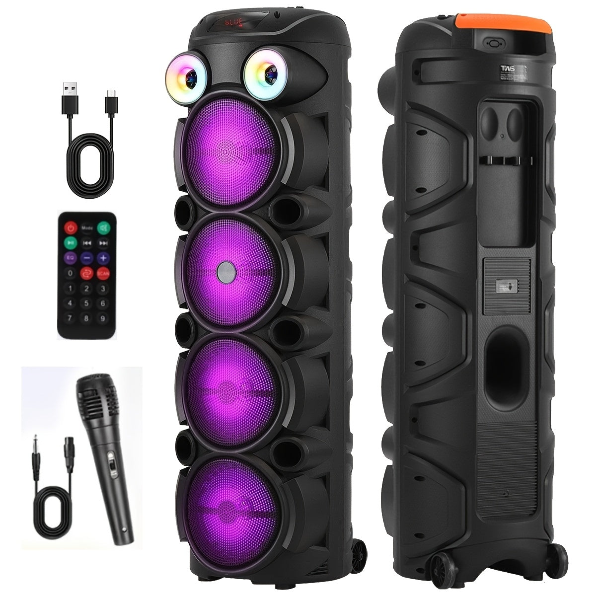 سماعة كاريوكي بلوتوث أسطوانية محمولة مع 4 مكبرات صوت ووفر مقاس 8 بوصة، أضواء RGB، نظام صوت لاسلكي للحفلات بـ 4 مكبرات صوت ووفر مقاس 8 بوصة مع ميكروفون، 4 مضخمات صوت فرعية مقاس 8 بوصة بباس قوي، إضاءة LED RGB، USB/TF/AUX/FM، مزامنة TWS لآلة كاريوكي لحفلات