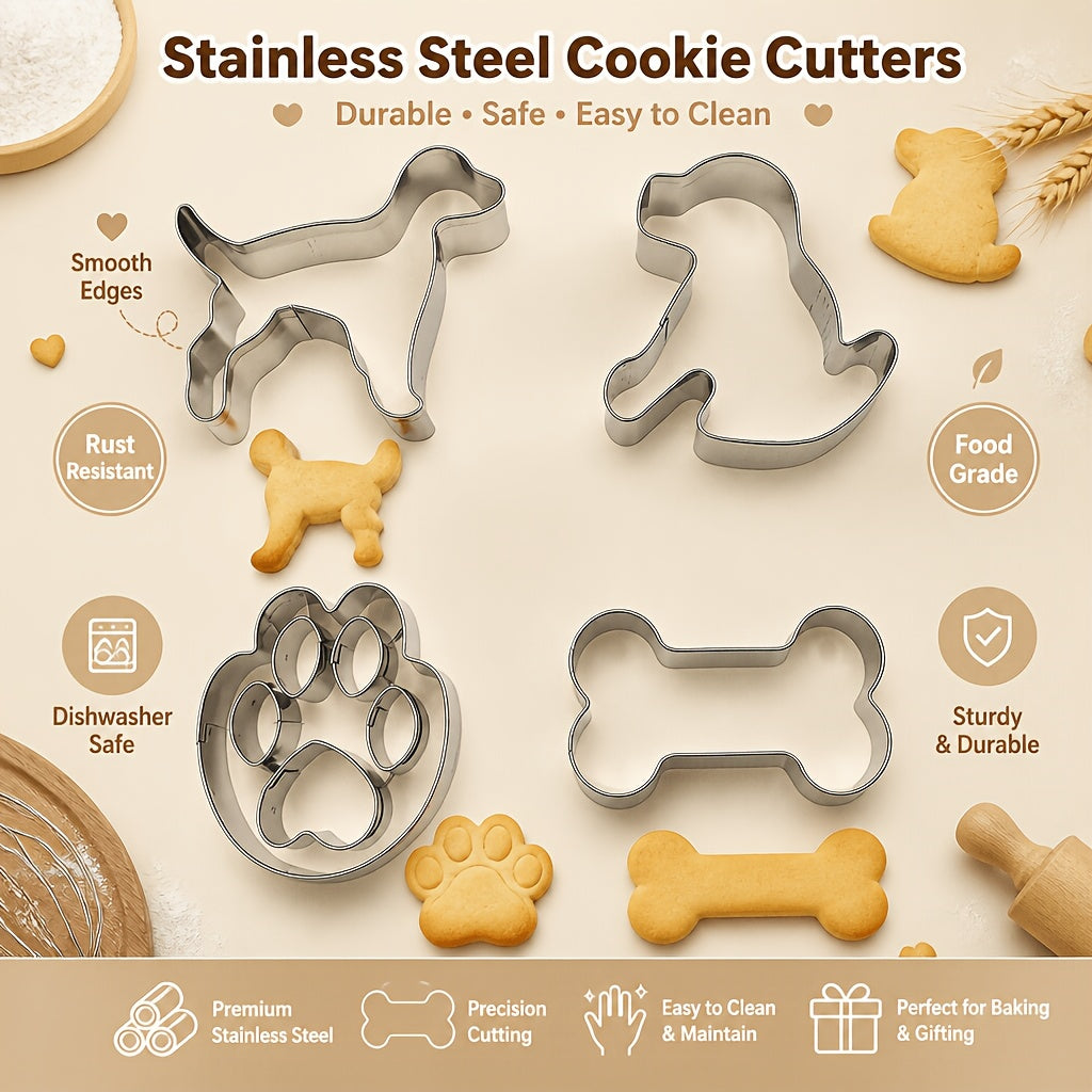 The 4pcs Puppy Series Biscuit Mold Is Made of Stainless Steel. Puppy Bones with Core Dog Claws in Different Shapes. It Is Suitable for Daily Holidays, Homemade Biscuits And Other Food-Grade Materials Are Easy to Remove And Wash