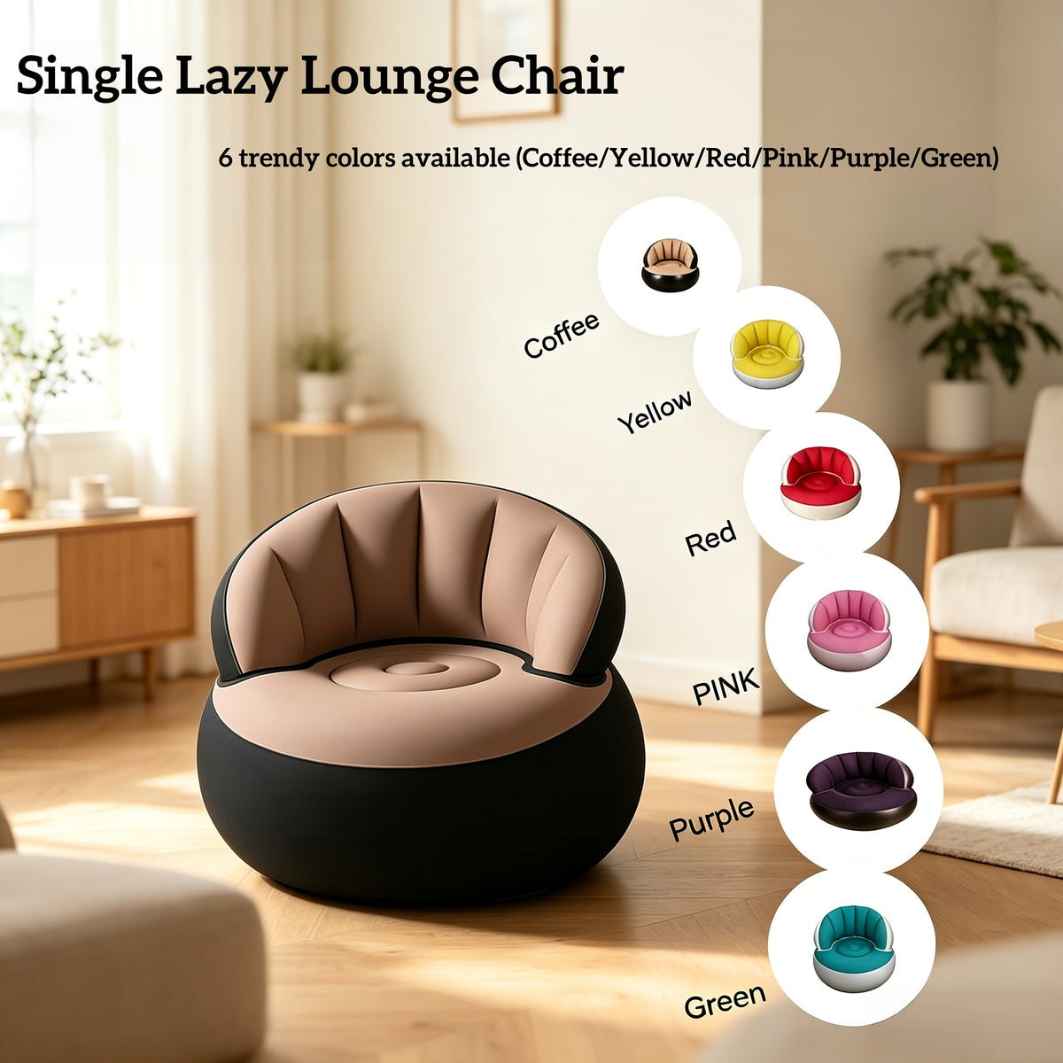 1-Person Inflatable Lazy Sofa - Foldable Air Cushion Sofa with Easy Setup, Space-Saving Modern Design, Portable Single-Seater with Ergonomic Backrest & Armrests for Indoor/Outdoor Use, Balloon-Back, Multi-Color Options (Black/Beige/Tan/Navy/Gray)