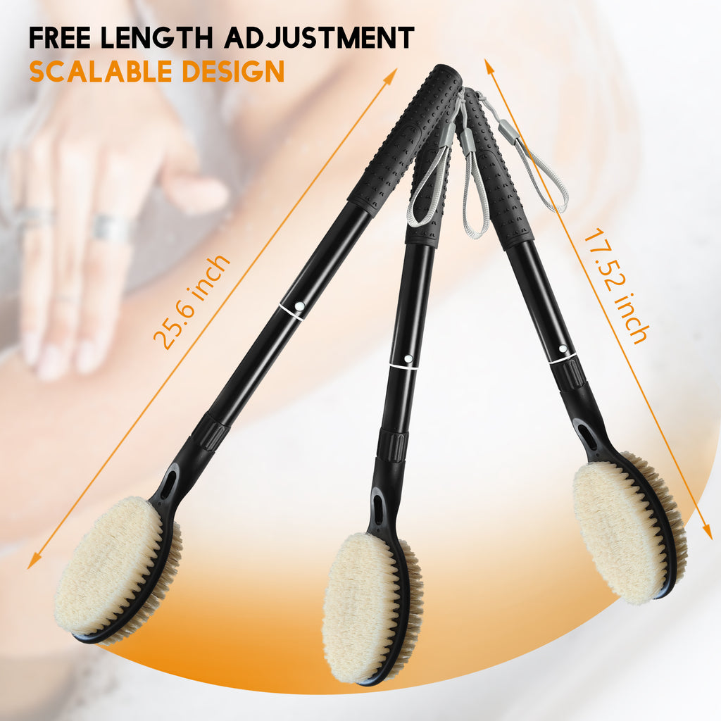 Back Scrubber with Soft and Stiff Bristles, 17''-25'' Long Handle Dual-Sided Shower Brush for Body for Deep Cleaning, Premium Dual-Sided Dry Brushing Body Brush, Natural Bristle Exfoliator with Long Handle, Spa-Quality Bath Brush for Men & Women
