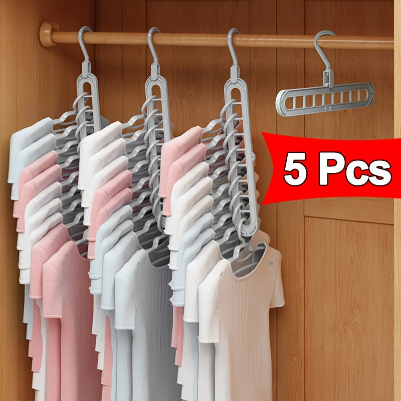 5pcs Heavy-Duty Foldable Plastic Hangers with 9 Holes - Anti-Slip, Space-Saving Organizer for Shirts, Trousers, And Wardrobe, Durable Brushed Surface, Multifunctional Storage Rack for Home Or Dorm