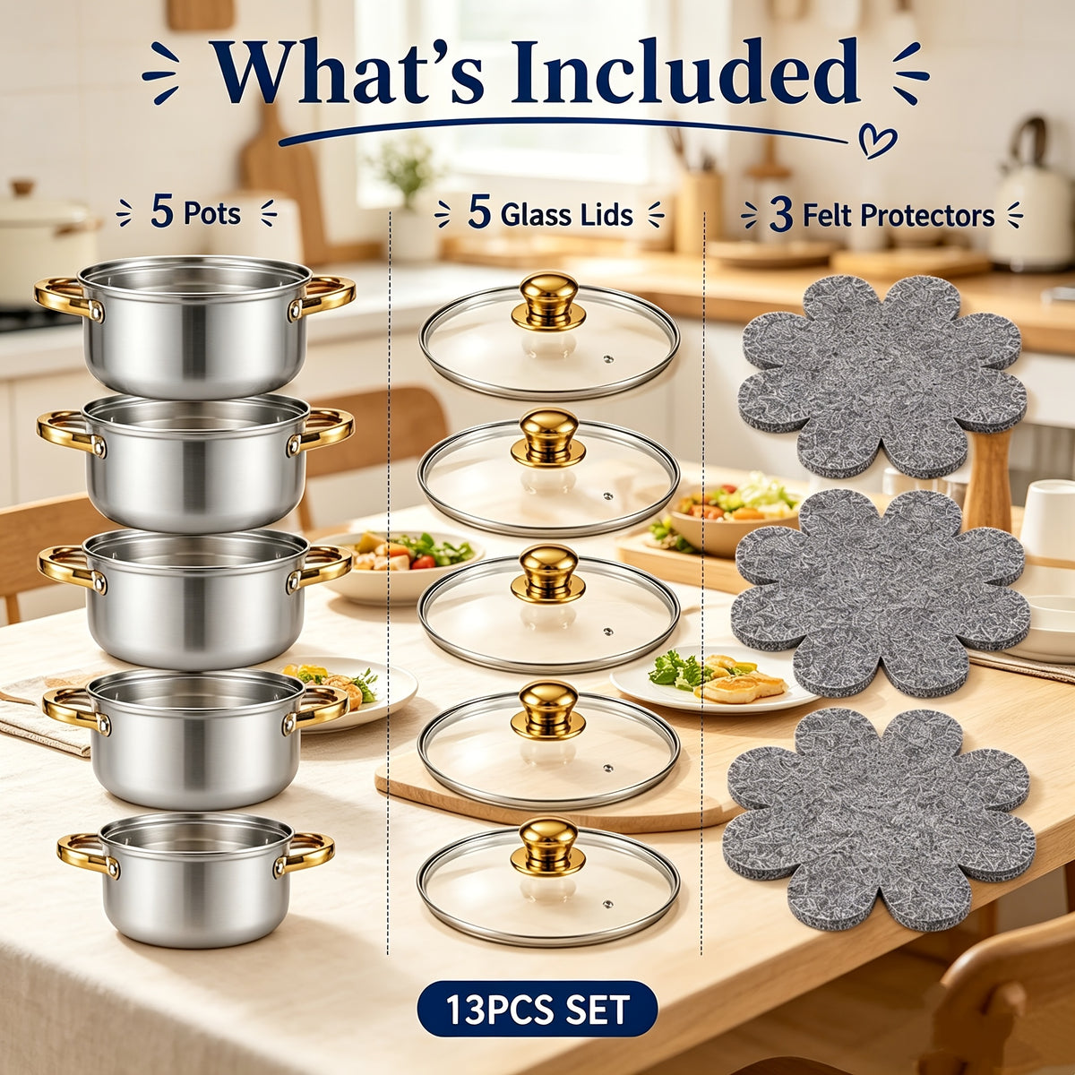13pcs Stainless Steel Cookware Set, 5 Pots+5 Lids+3 Felt Protectors.Premium Stainless Steel with Elegant Golden Handles, Polished Finish, Non Stick Pot, Stylish, Durable, Suitable for Soup, Hot Pot, Seafood Soup, Compatible with Gas& Induction Stoves