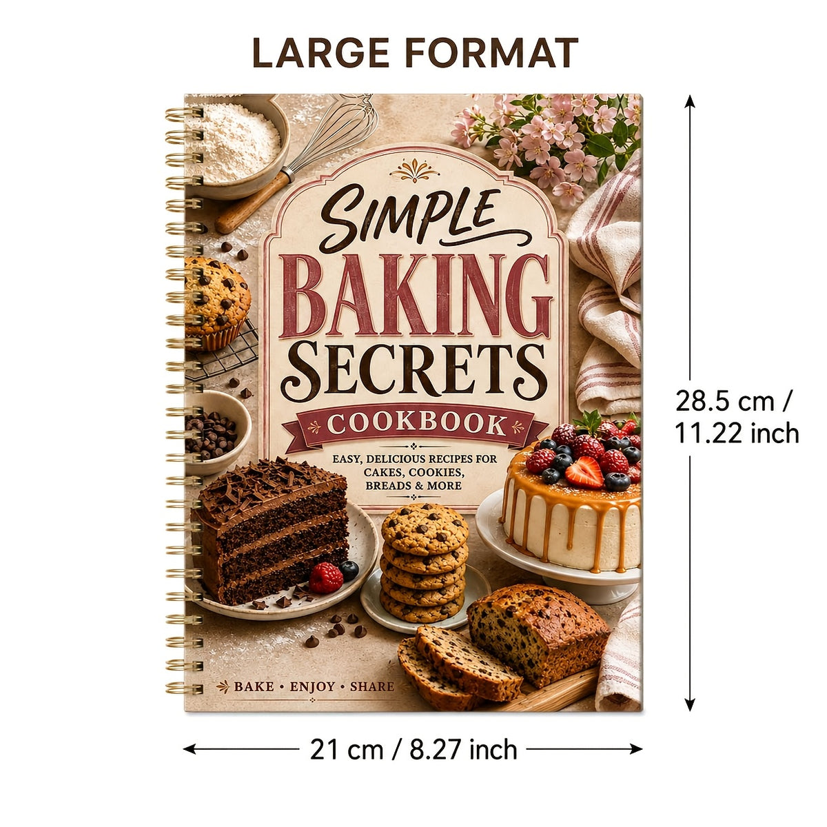 Simple Baking Secrets Cookbook, Spiral Bound Beginner Baking Recipe Book with Cakes, , Breads, Muffins, Brownies, Pastries & Pies, Step-by-Step Instructions, Baking Tips & Recipe Notes for Home Bakers