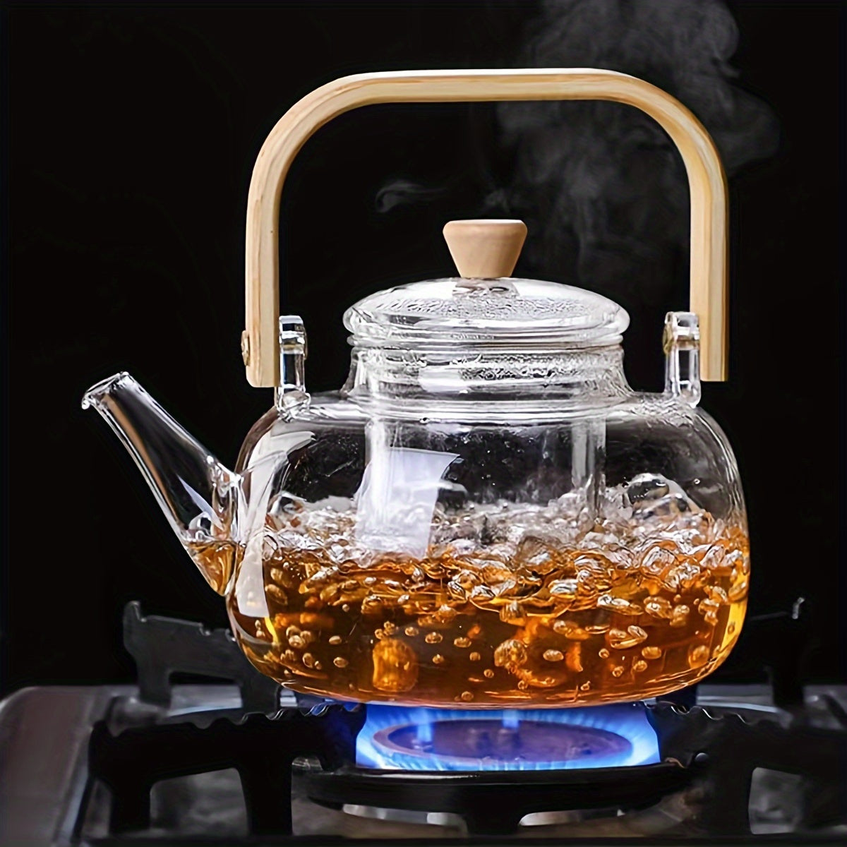 1pc 33.81oz Borosilicate Glass Teapot with Ergonomic Wood Handle, Heat-Resistant Stovetop Safe Tea Kettle for Iced Tea & Fruit Tea, Transparent Tea Maker with Removable Infuser for Loose Leaf & Blooming Tea, Durable Cold Brew Pot, Ideal Birthday Gift
