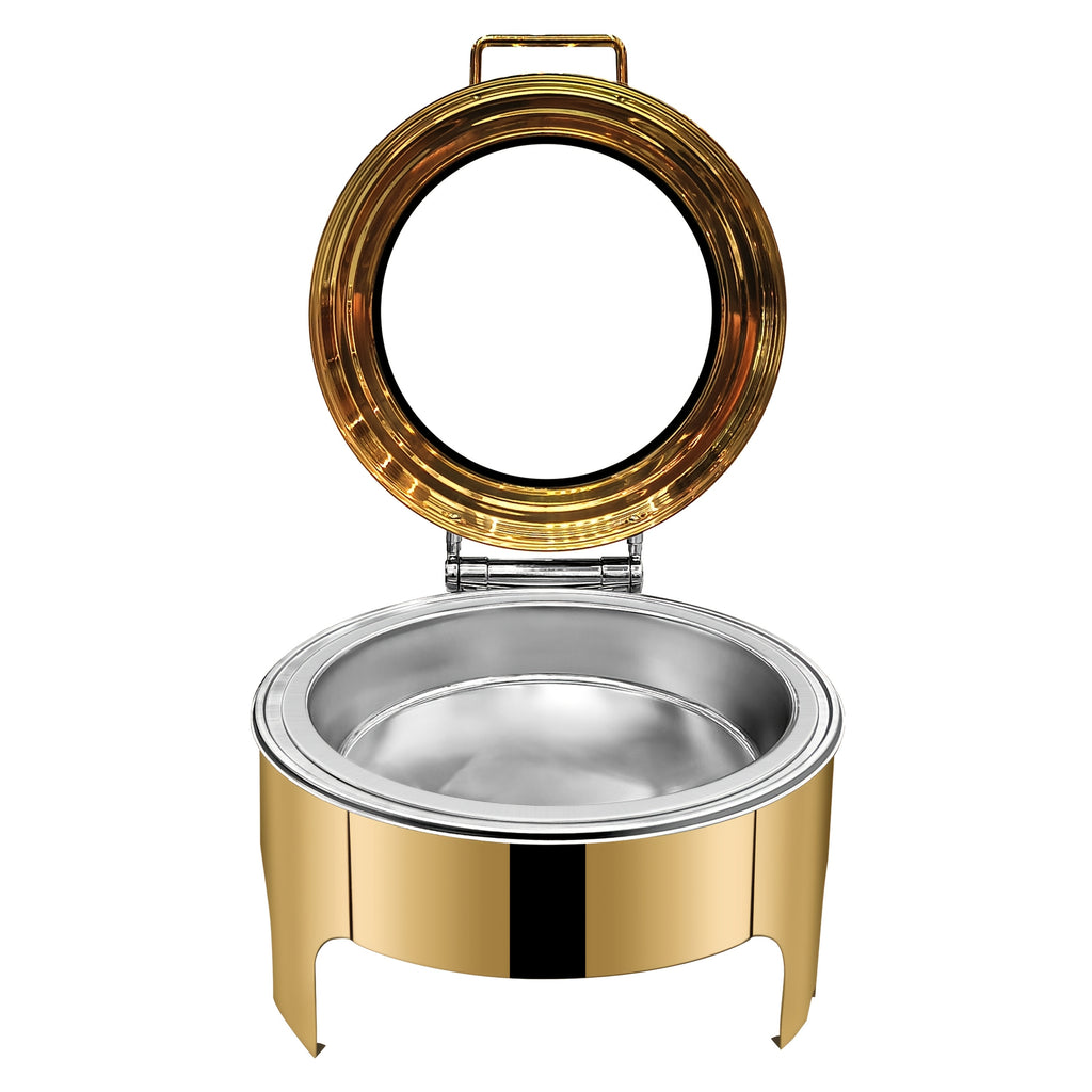 Golden Round Stainless Steel Chafing Dish Buffet Set with Glass Lid, Elegant, Safe and Durable Food Warmer for Catering, Parties, and Family Gatherings, Large Capacity Buffet Server for Party Food Warming, Only for Food Heating