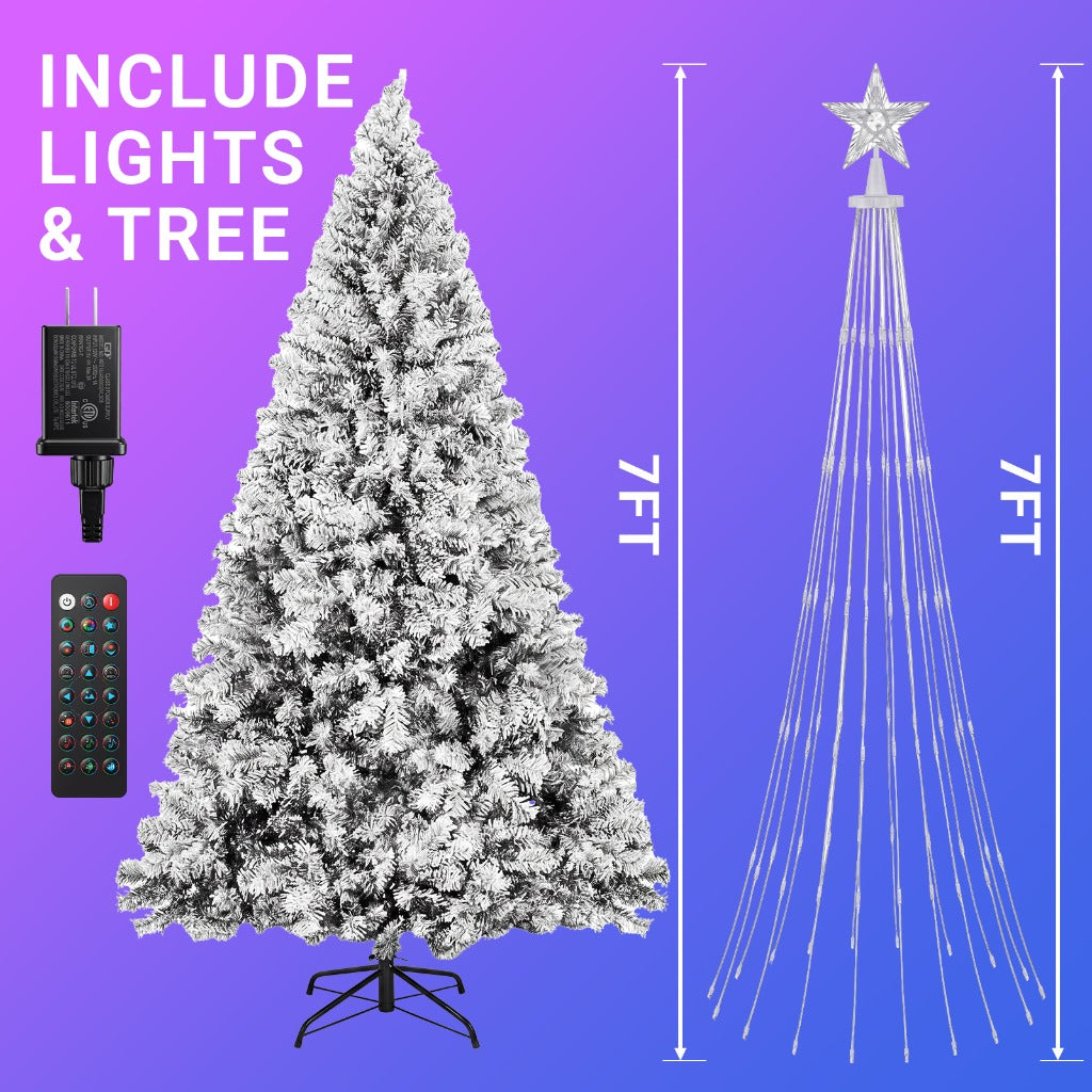 6/7ft Artificial Snow Flocked Christmas Tree with Light, Snowy Hinged Pine Tree with 8 Light Modes & Memory Function, Premium PVC Needles/Solid Metal Stand, Xmas Full Tree for Indoor and Outdoor