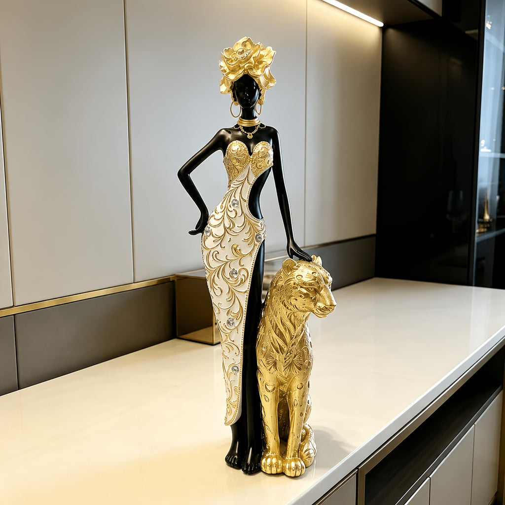 African Golden Cheetah Female Statue - Elegant Black Resin Sculpture with Golden Cheetah Print, Modern African Wall Decor Suitable for, Bedroom, Office, Cafe - Ideal Gift for Housewarming,, Christmas, for Art Lovers