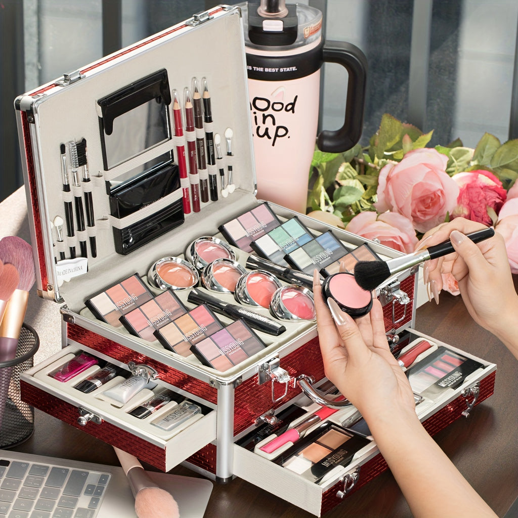 All-In-One Makeup Kit Aluminum Travel Case Full Set Eyeshadow Blush Lipstick Foundation Eyeliner Mascara Brush Set with Mirror Christmas Independence Day Halloween Birthday Gift for Women Girls Beginners
