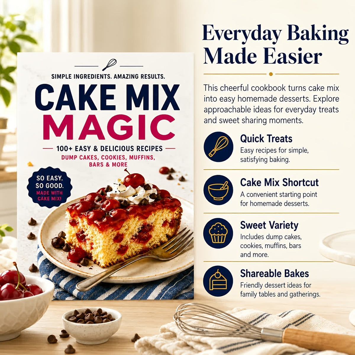 Simple Ingredients, Amazing Results! The Magic of Cake Mix. Over 100 Easy And Delicious Recipes Including Cakes, Cookies, Muffins, Bars And More. Simple to Make And Incredibly Tasty! Create Wonderful Treats Effortlessly with Cake Mix!