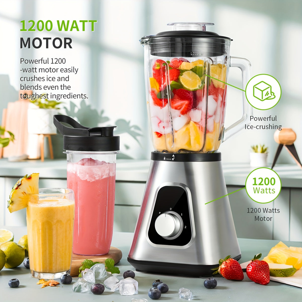 Countertop Blender, Juice Blender, 52-ounce Glass Jar, 22-ounce Portable Cup, 3-speed Adjustable Speed Control, Smoothie Juicer for Kitchen, Suitable for Frozen Fruit Drinks, Milkshakes, Baby Food, Sauces, And Fruit Purees, Silvery.