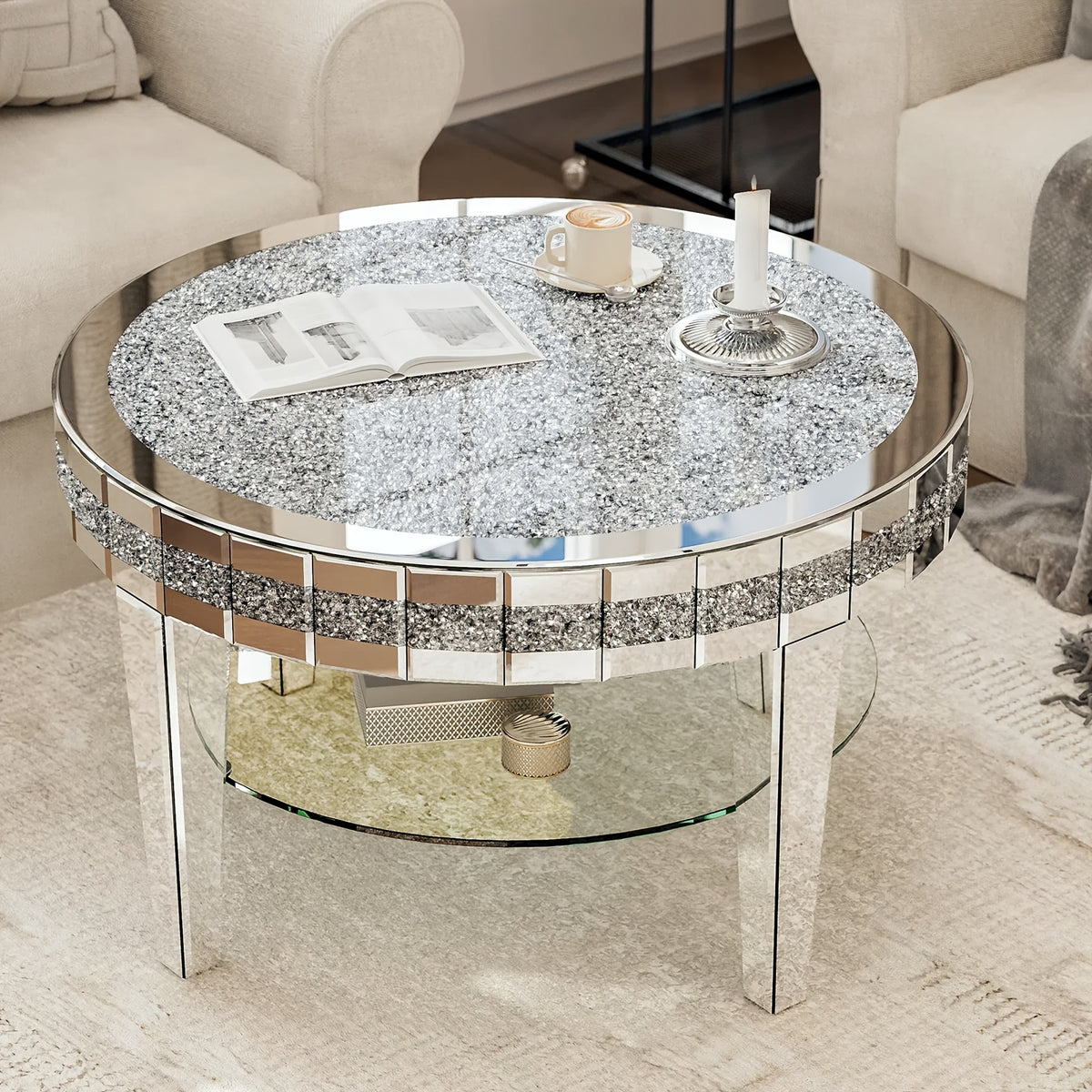 Round Mirrored Coffee Table 2-Tier with Crushed Diamond, 31.5 Inches Silvery Round Kitchen Table, Luxury Bling Coffee Table for Living Room, Office And Bedroom Black Fridays Items
