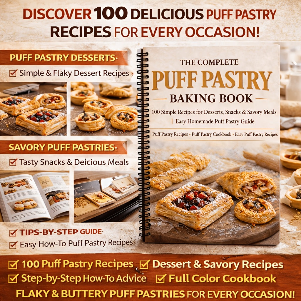 The Complete Puff Pastry Baking Book:100 Simple Recipes for Desserts, Snacks And Savory Meals Easy Homemade Puff Pastry Guide (Spiral Bound)