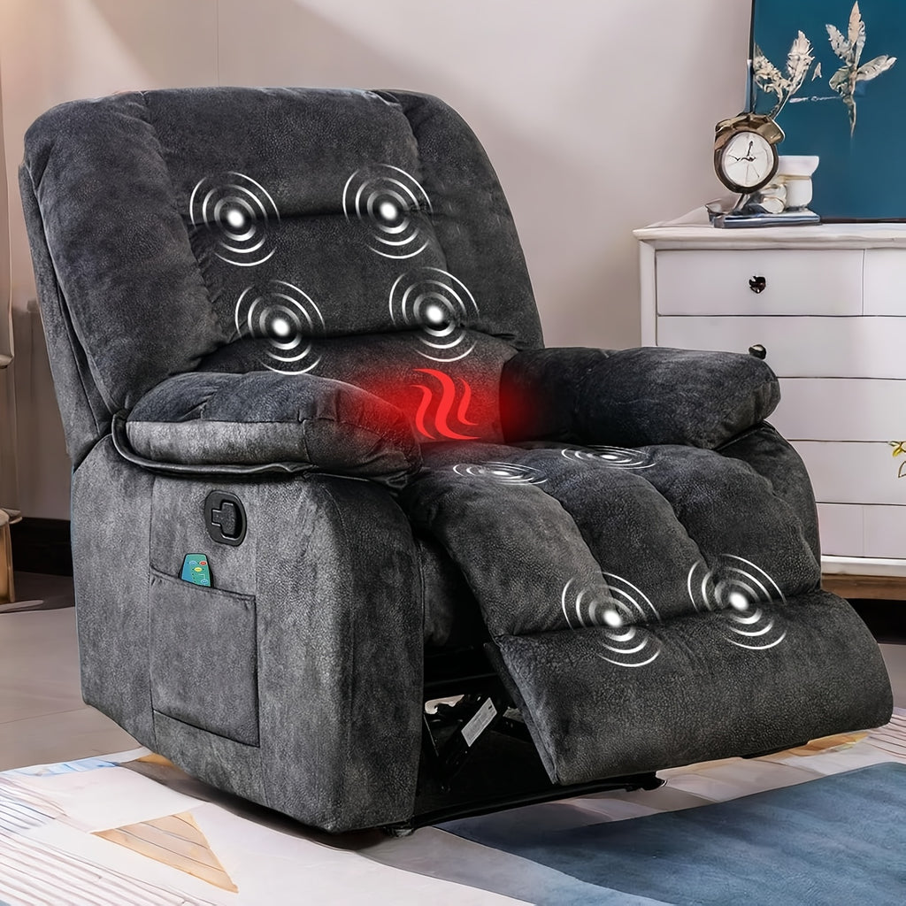Oversized Manual Recliner Chair with Massage And Heat, Soft Fabric Reclining Single Sofa with Lumbar Heating & 8 Vibration Points, Overstuffed Lounge Chair for Living Room